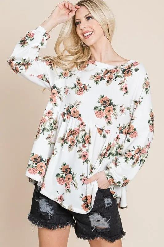 Super Lady Full Size Babydoll Floral Boat Neck Blouse - Love Salve